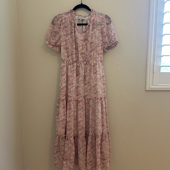 Pink Floral Ruffle Tiered Maternity Midi Dress Size Small - Picture 2 of 5